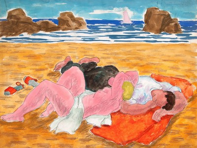 Lovers on a Beach, c. 1940, by Salvatore Pinto (Woodmere Art Museum: Museum purchase in honor of Joseph A. Nicholson, 2011)